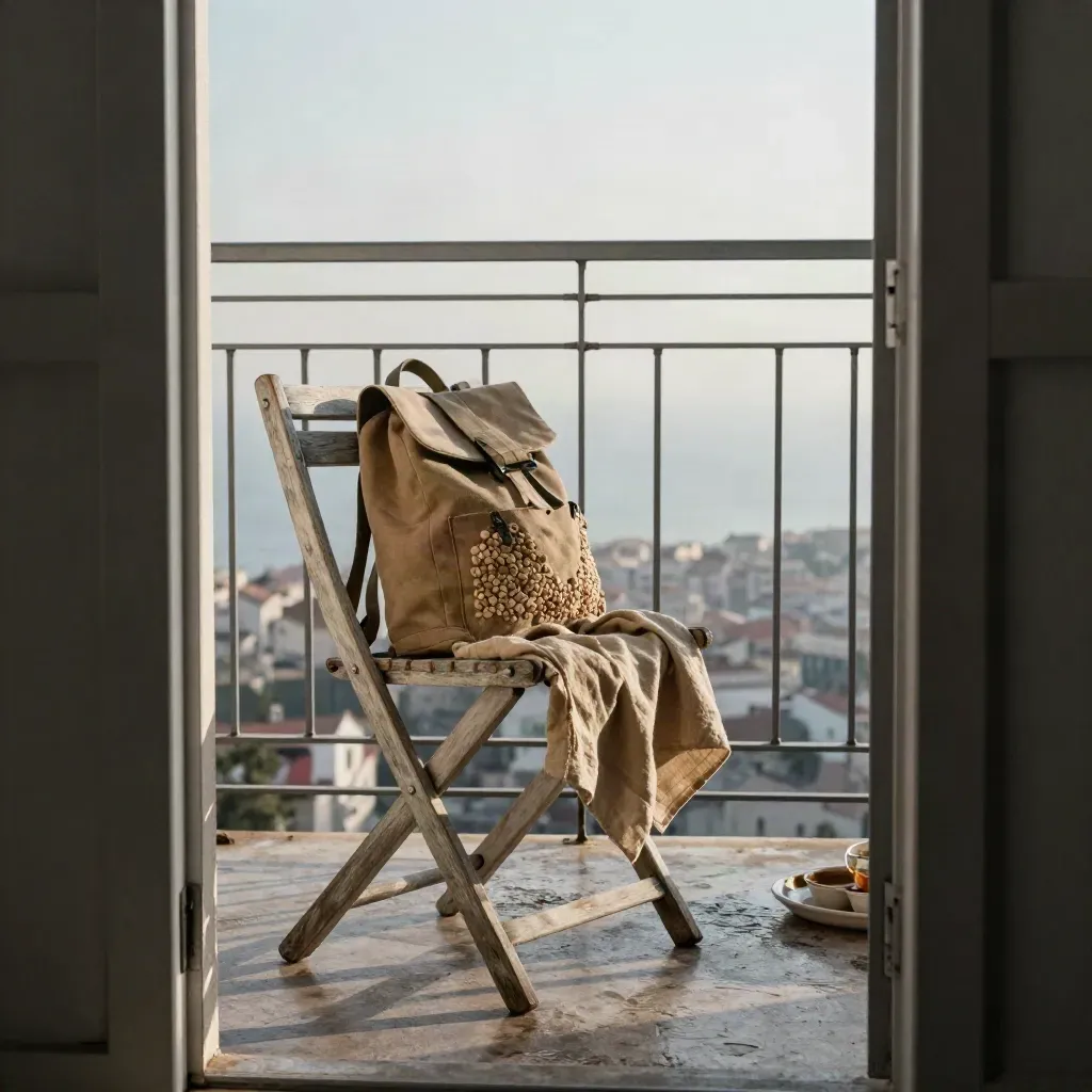 İzmir balkonunda tuzla beyazlamış sandalye, gün çantası ve rüzgârda hafif linen örtü.