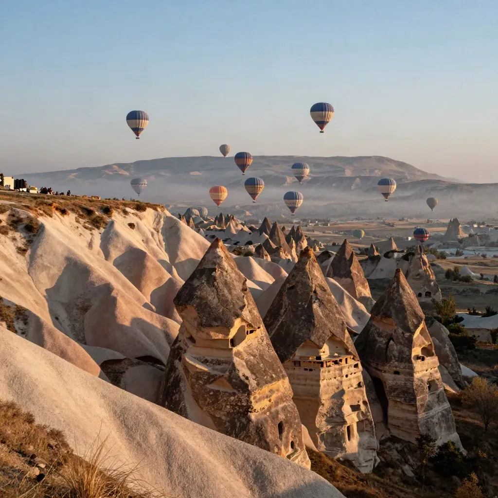 Kapadokya’da şafakta vadiden yükselen sıcak hava balonları ve peri bacaları.